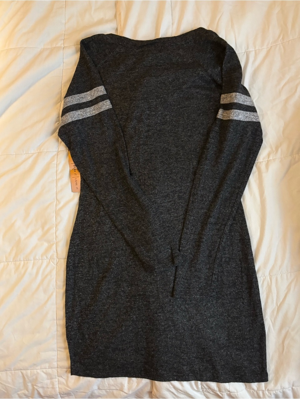 Charcoal V-Neck Long Sleeve Sweater Dress with Striped Sleeves - Picture 3 of 5
